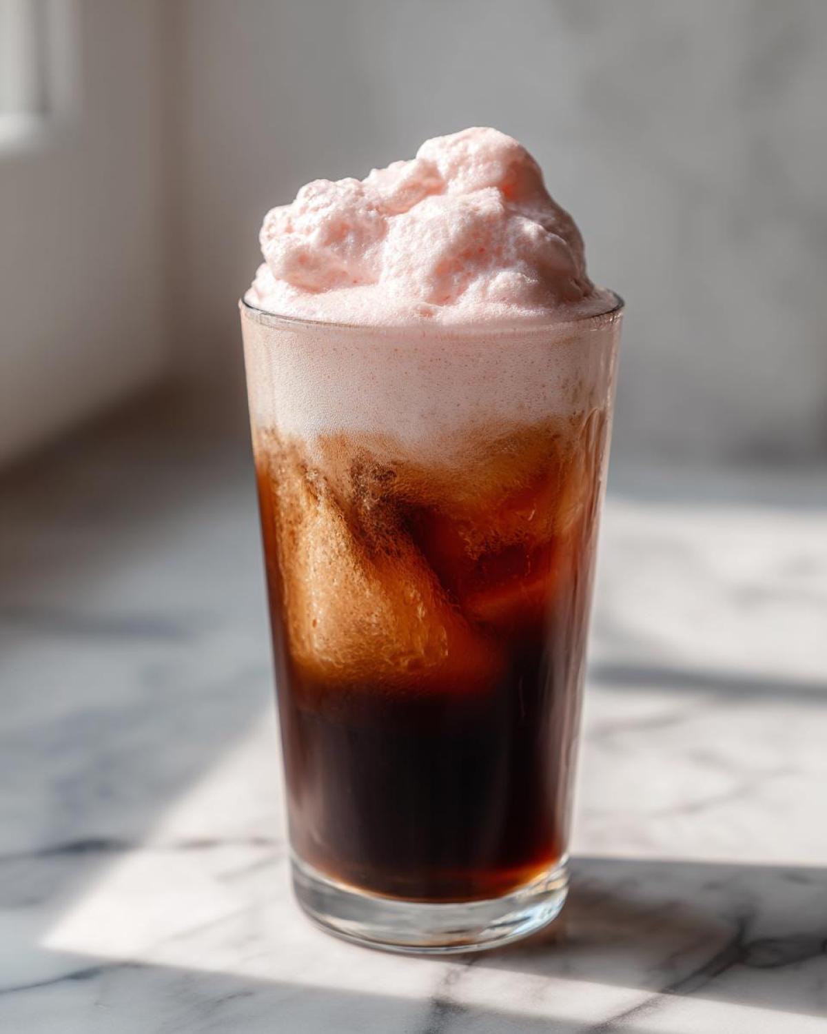 Tall glass filled with dark cold brew coffee and topped with a large mound of pink, frothy strawberry cream.