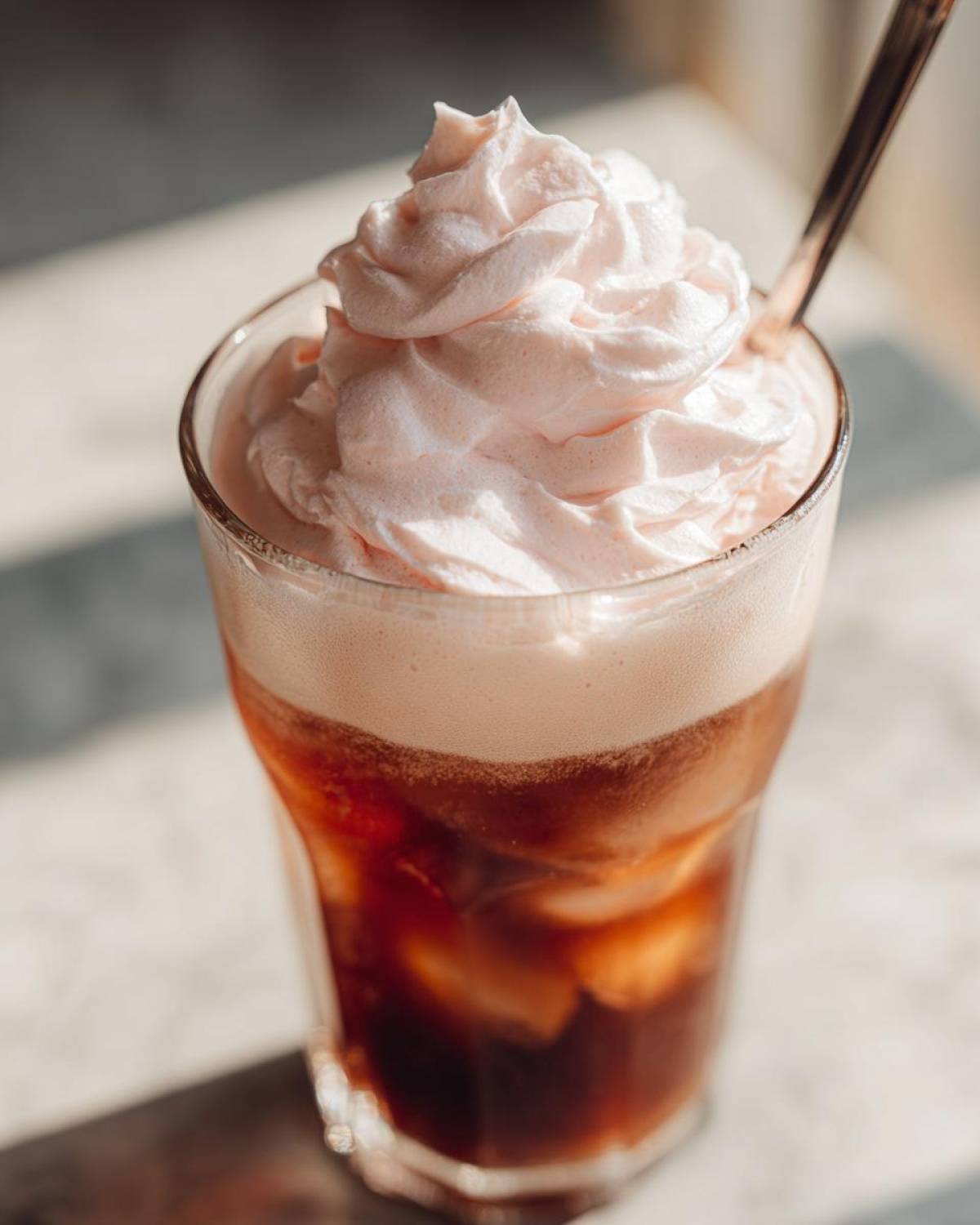 A tall glass of Strawberry Cream Cold Brew topped with a swirl of pink whipped cream and a straw.