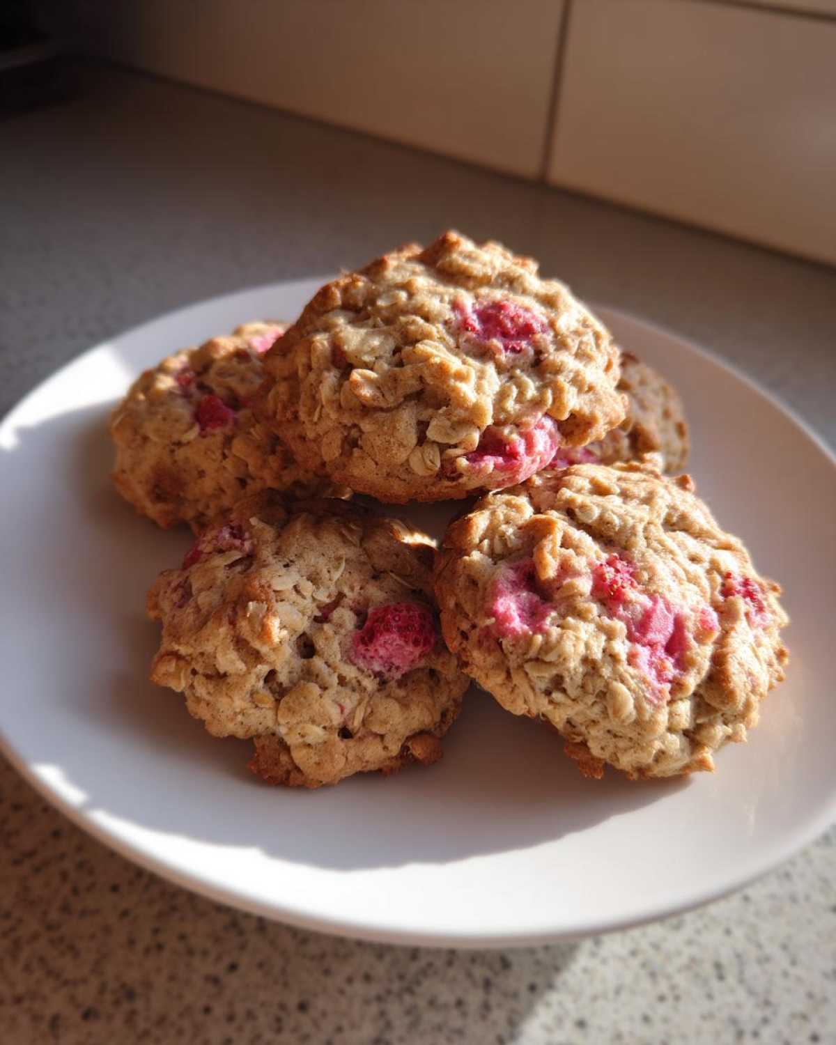 A small stack of freshly baked Strawberry Oatmeal Breakfast Cookies with visible oats and bright pink strawberry pieces.
