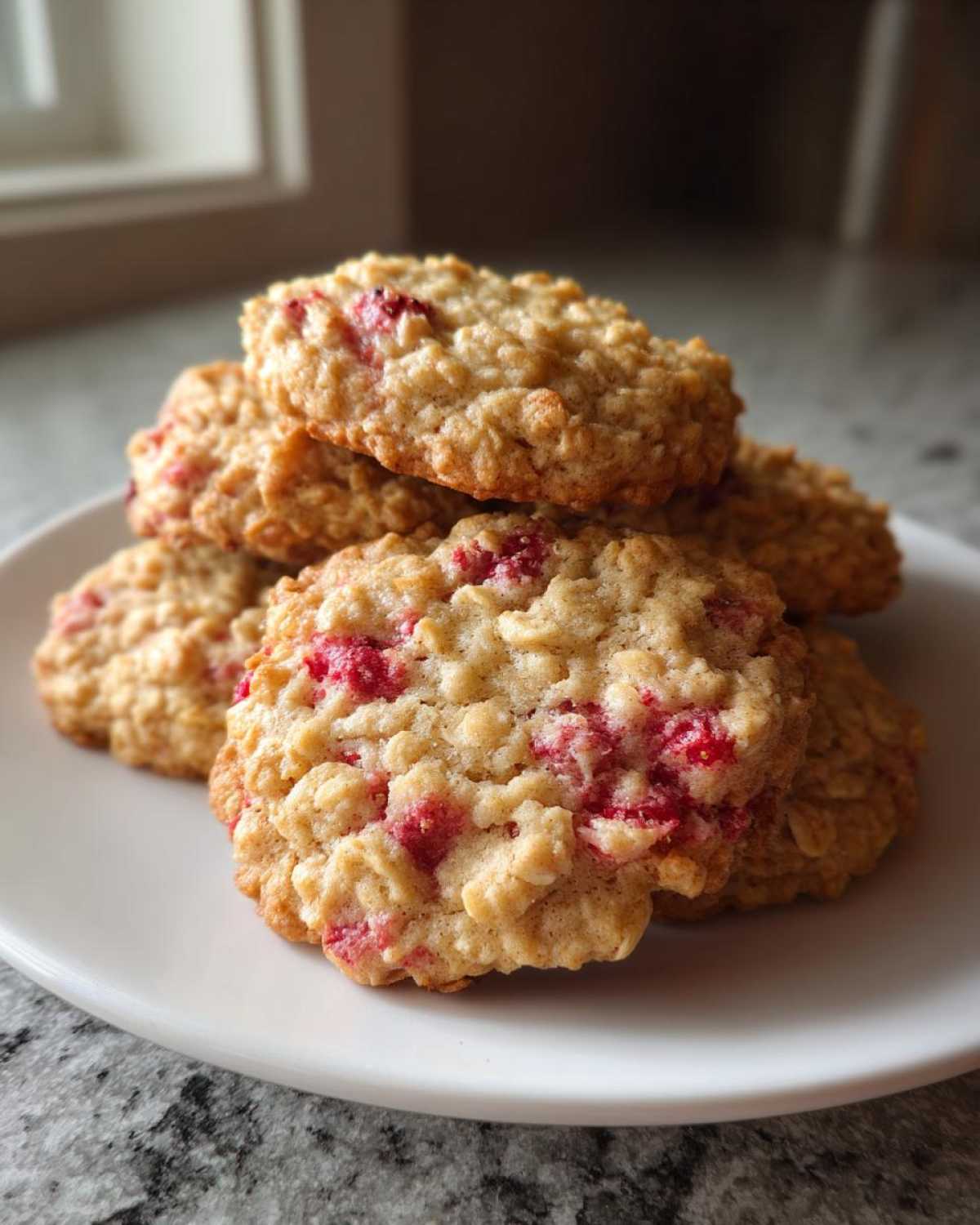 A stack of golden brown Strawberry Oatmeal Breakfast Cookies studded with bright red pieces of strawberry.