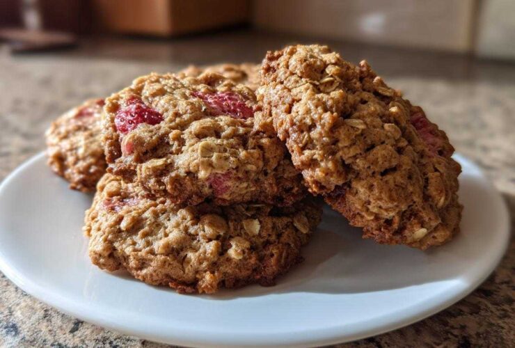 A stack of golden brown Strawberry Oatmeal Breakfast Cookies with visible oats and pieces of red strawberry on a white plate.