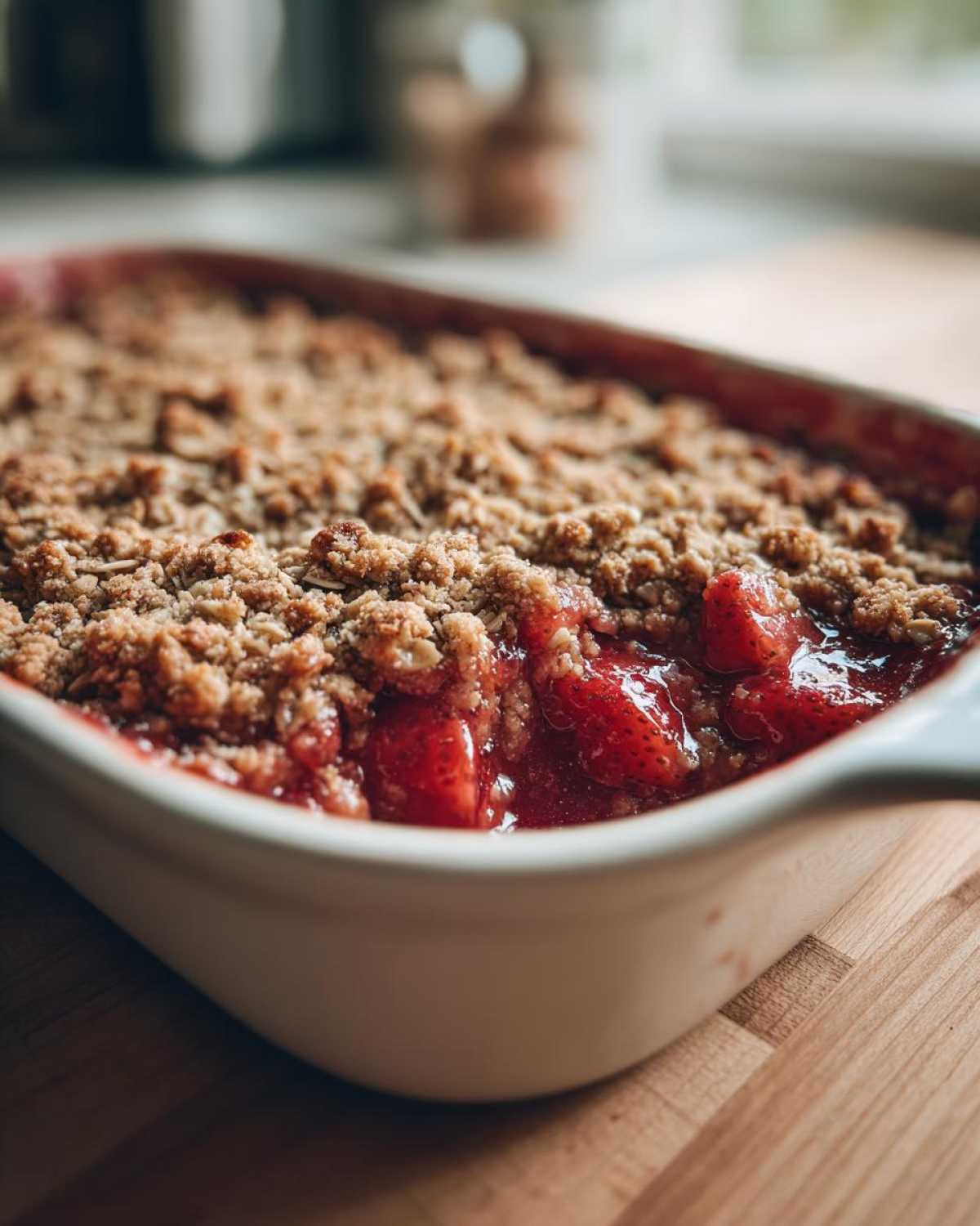 Close-up of a warm Strawberry Rhubarb Crisp with a golden, crumbly topping and bubbling red fruit filling.