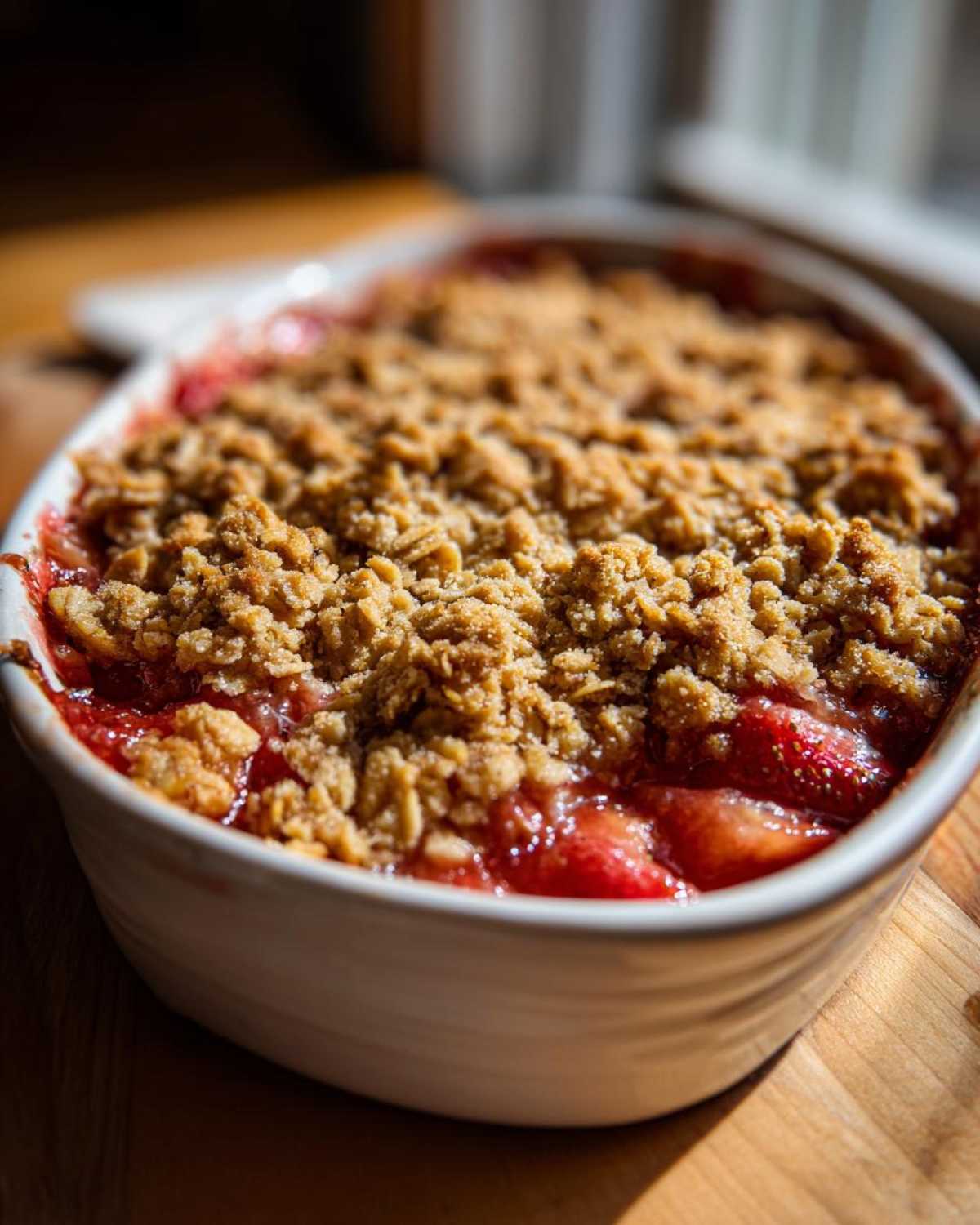 Close-up of a golden brown Strawberry Rhubarb Crisp bubbling with red fruit filling in a white oval baking dish.