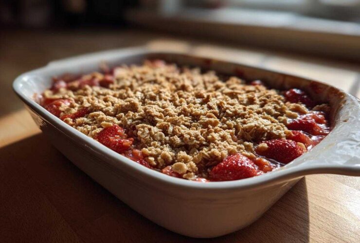 A close-up of a freshly baked Strawberry Rhubarb Crisp with a golden oat topping in a white baking dish.