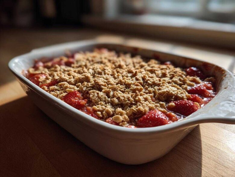 A close-up of a freshly baked Strawberry Rhubarb Crisp with a golden oat topping in a white baking dish.