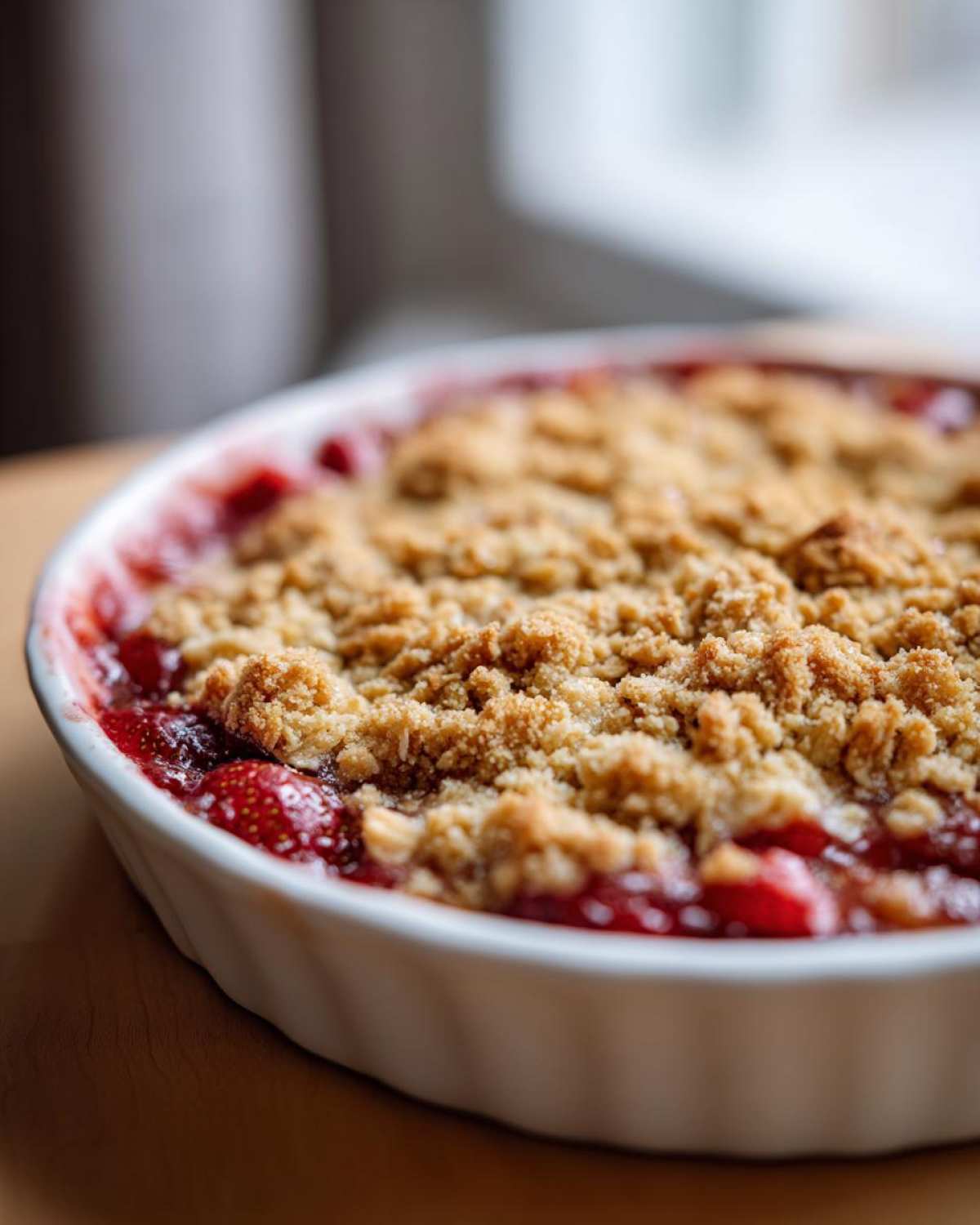 Close-up of a freshly baked Strawberry Rhubarb Crisp with a golden, crumbly topping over bubbling red fruit.