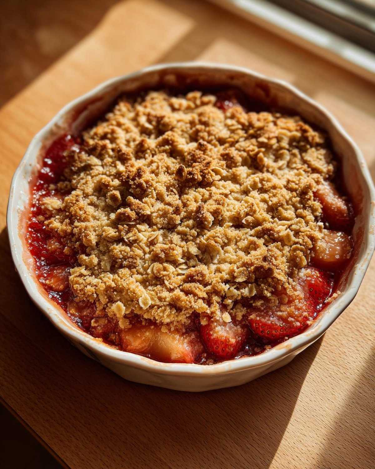 Close-up of a freshly baked Strawberry Rhubarb Crisp in a white dish with a golden, crumbly oat topping.