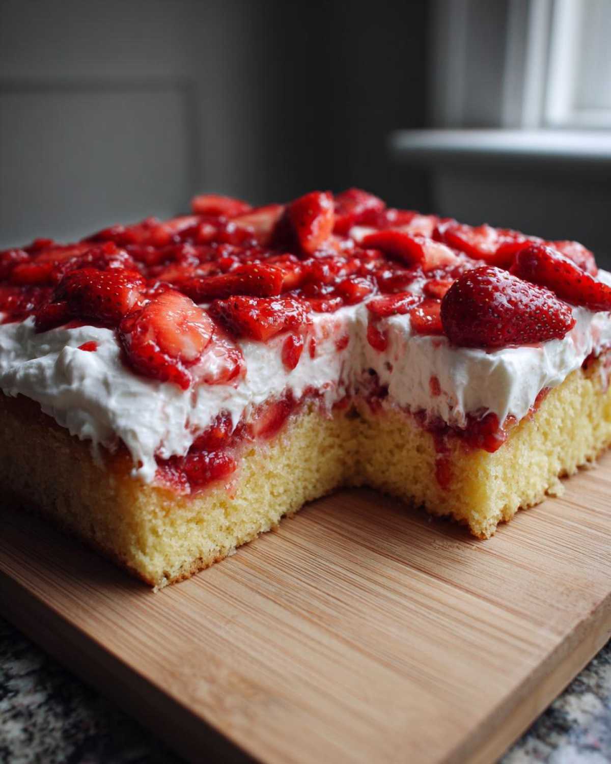 Close-up of a square slice of Strawberry Shortcake Sheet Cake showing layers of yellow cake, whipped cream, and macerated strawberries.