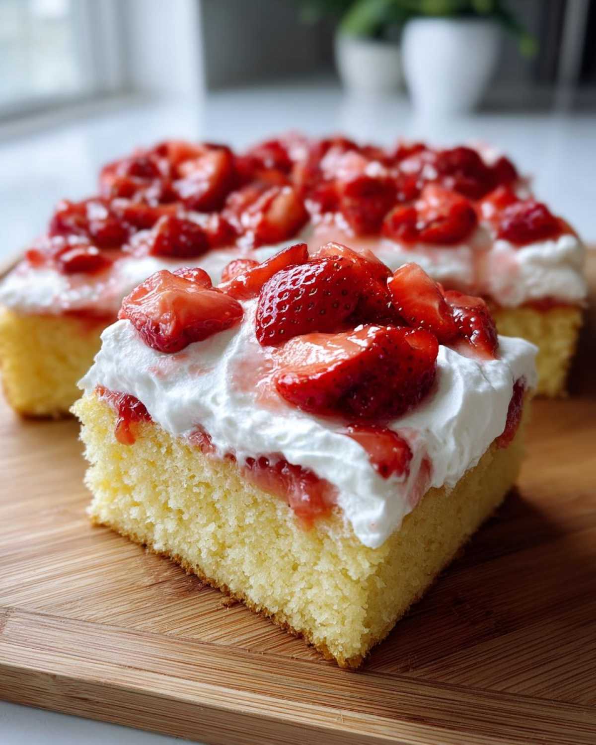 A generous slice of moist Strawberry Shortcake Sheet Cake topped with whipped cream and fresh strawberries.