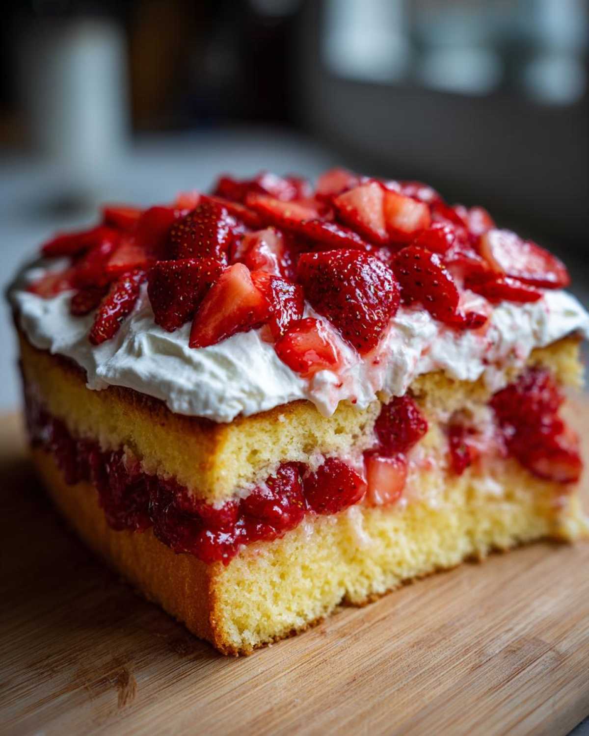 Close-up of a thick slice of Strawberry Shortcake Sheet Cake showing layers of yellow cake, macerated strawberries, and whipped cream topping.