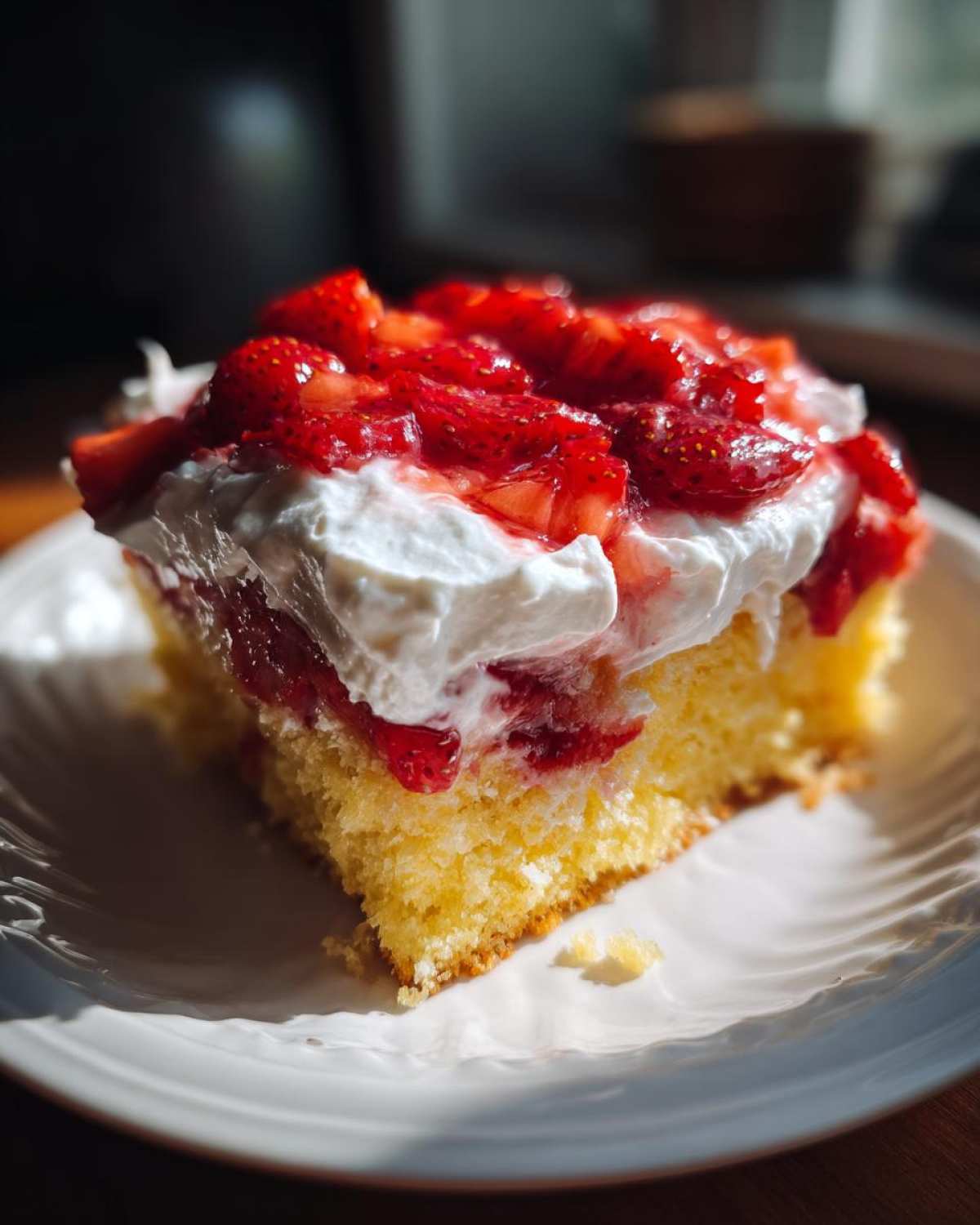 A close-up of a single slice of Strawberry Shortcake Sheet Cake topped with whipped cream and macerated strawberries.