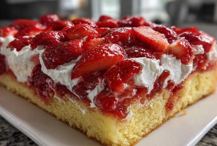 Close-up of a thick slice of Strawberry Shortcake Sheet Cake featuring yellow sponge, whipped cream, and glossy sliced strawberries.
