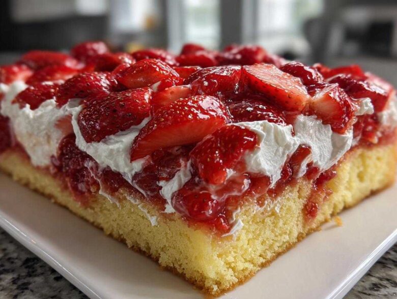 Close-up of a thick slice of Strawberry Shortcake Sheet Cake featuring yellow sponge, whipped cream, and glossy sliced strawberries.