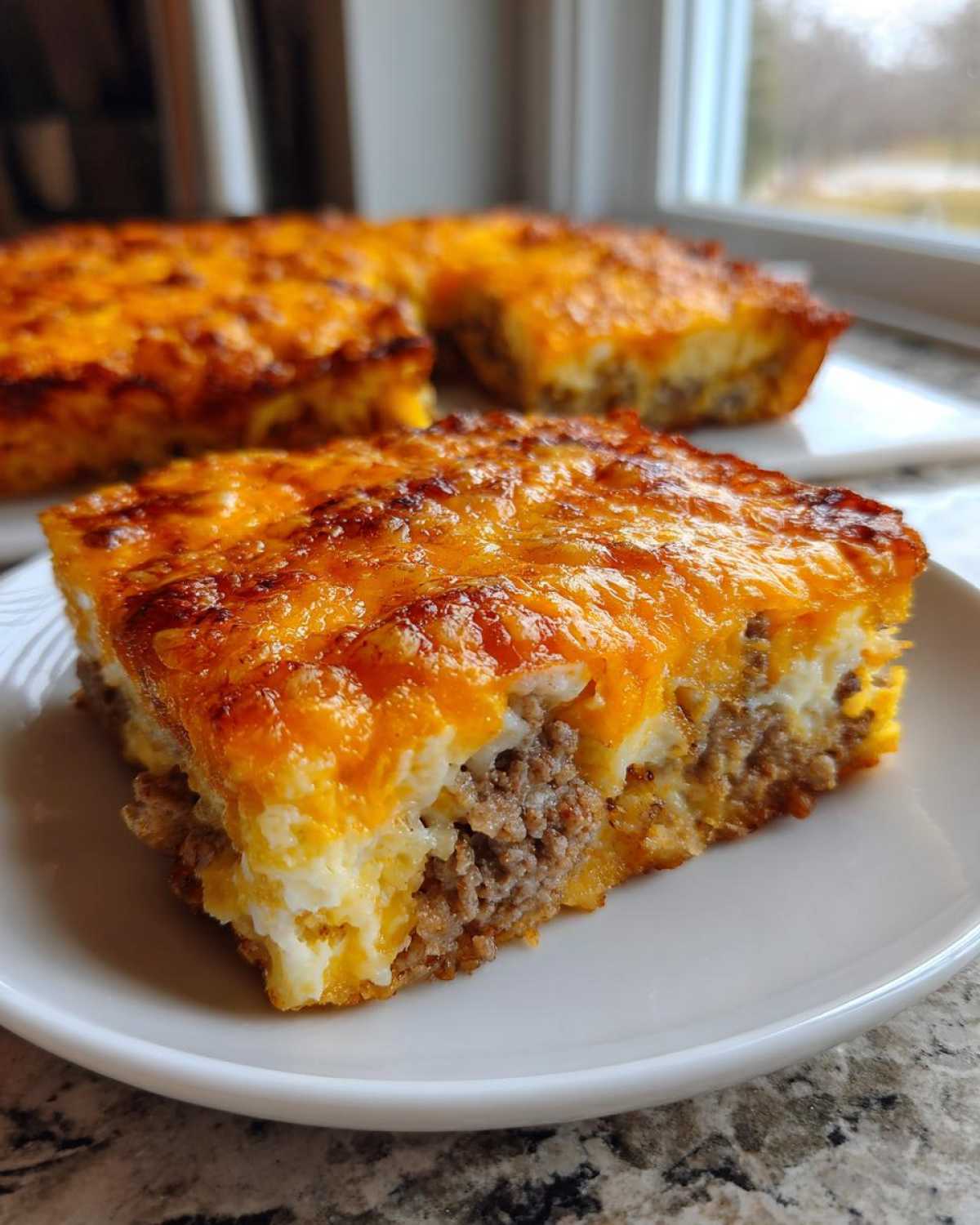 A close-up serving of Tater Tot Breakfast Casserole featuring layers of sausage, egg, and melted cheddar cheese.