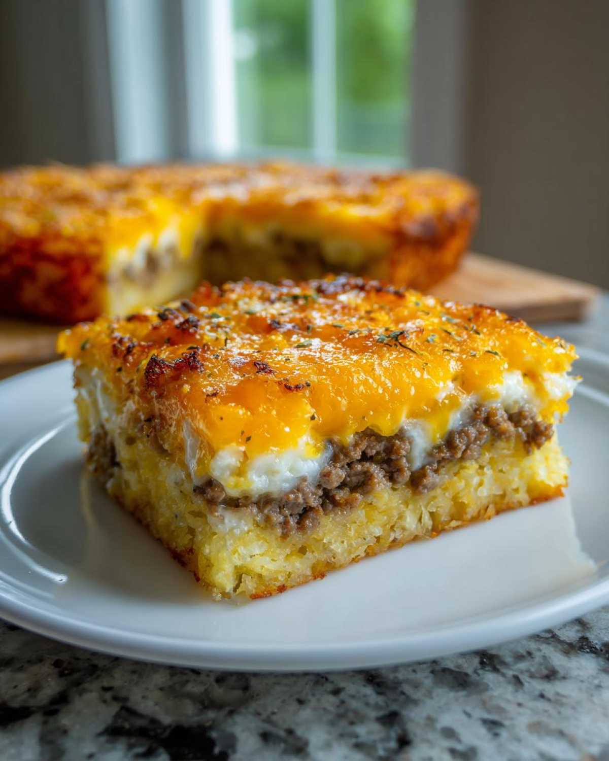 A square slice of Tater Tot Breakfast Casserole featuring a tater tot base, ground meat, eggs, and melted cheddar cheese topping.