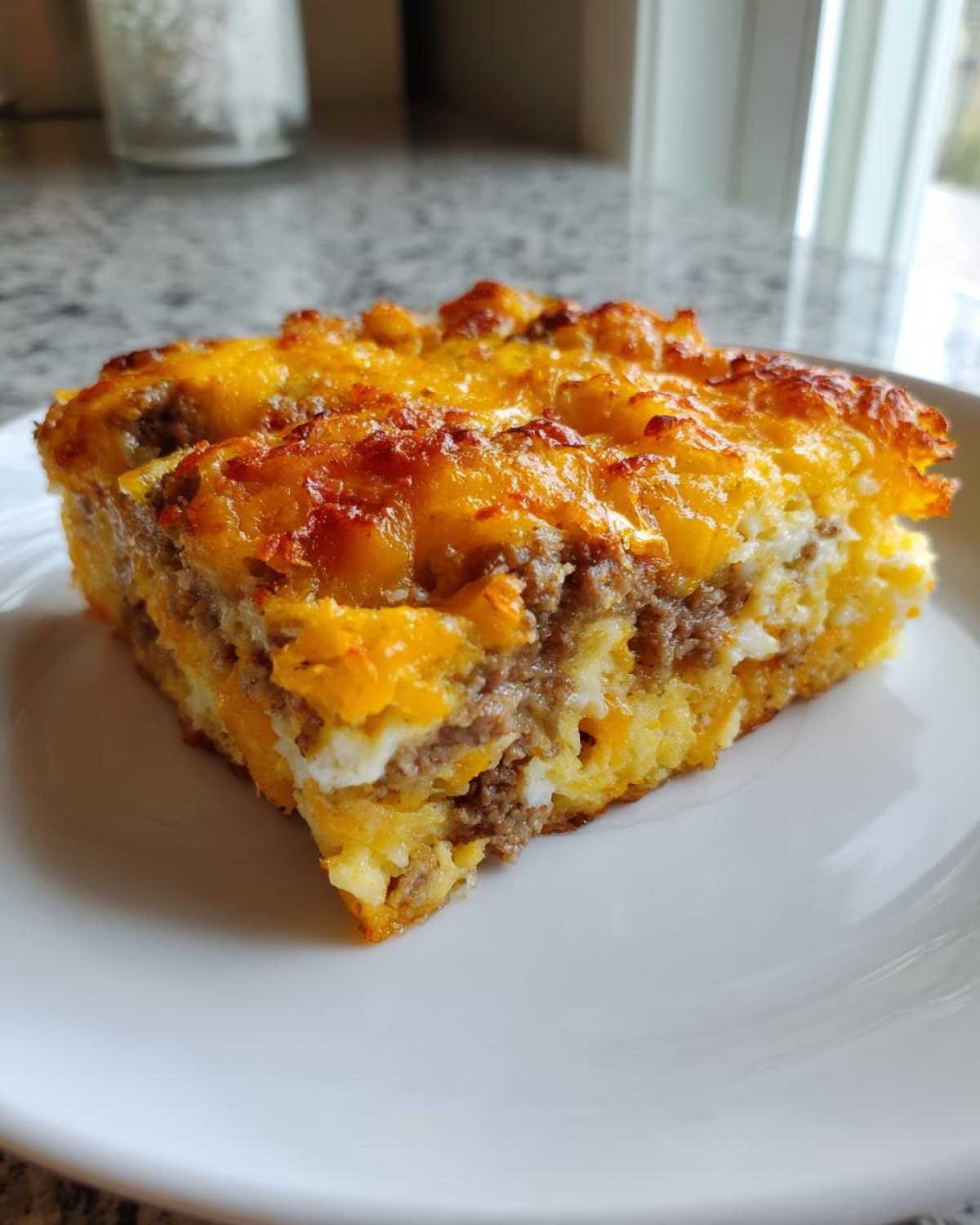 A square slice of Tater Tot Breakfast Casserole featuring layers of sausage, egg, and melted, browned cheddar cheese on a white plate.