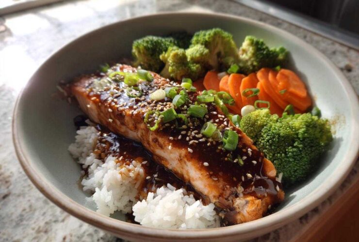 A close-up of a Teriyaki Salmon Rice Bowls featuring glazed salmon over white rice with steamed broccoli and sliced carrots.