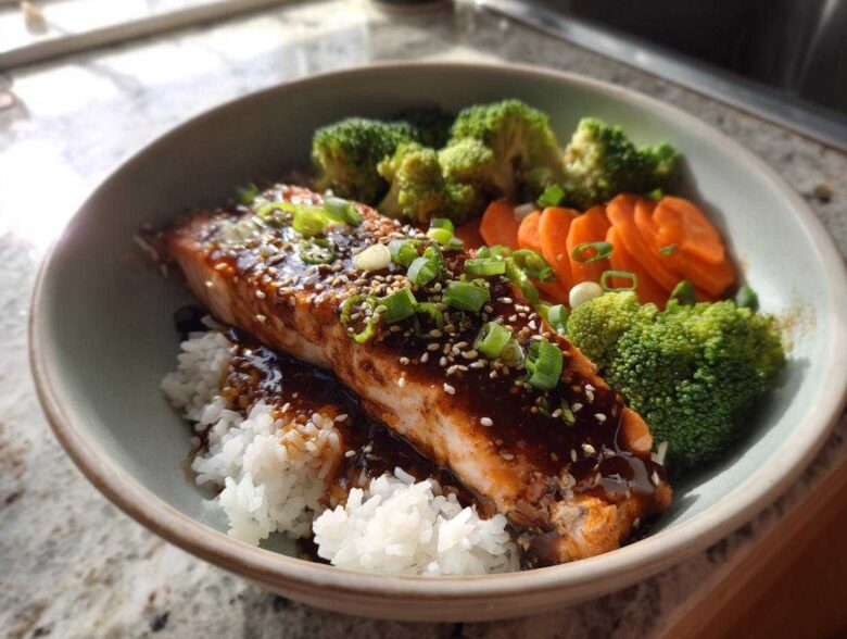 A close-up of a Teriyaki Salmon Rice Bowls featuring glazed salmon over white rice with steamed broccoli and sliced carrots.