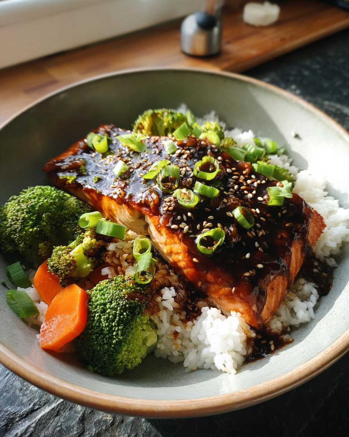 A close-up of a Teriyaki Salmon Rice Bowls serving featuring glazed salmon over white rice with broccoli, carrots, and scallions.