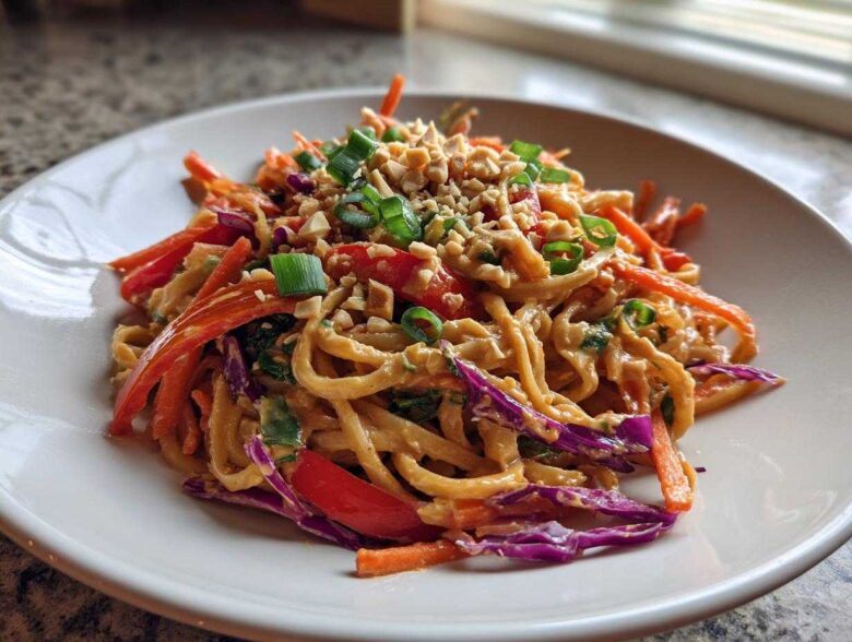 A close-up of a serving of Thai Peanut Noodles with Crunchy Veggies, topped with crushed peanuts and green onions.