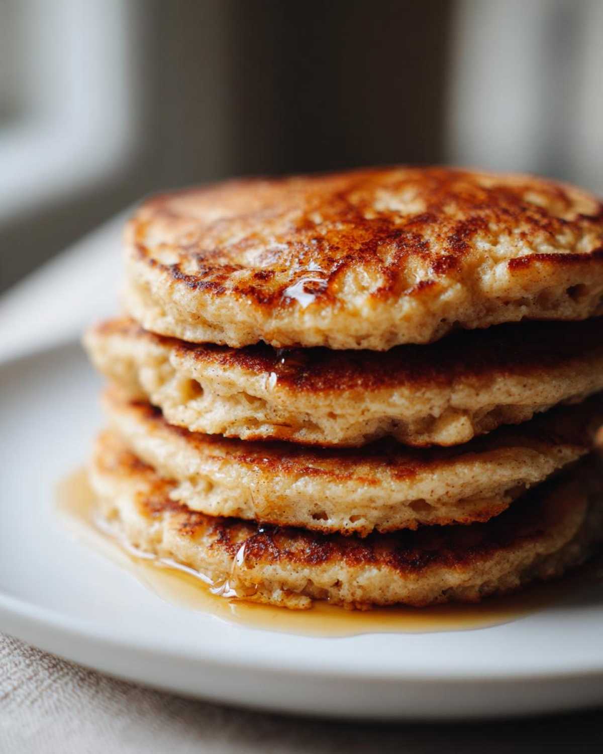 Close-up of a stack of four fluffy Vegan Banana Oat Pancakes drizzled with maple syrup on a white plate.