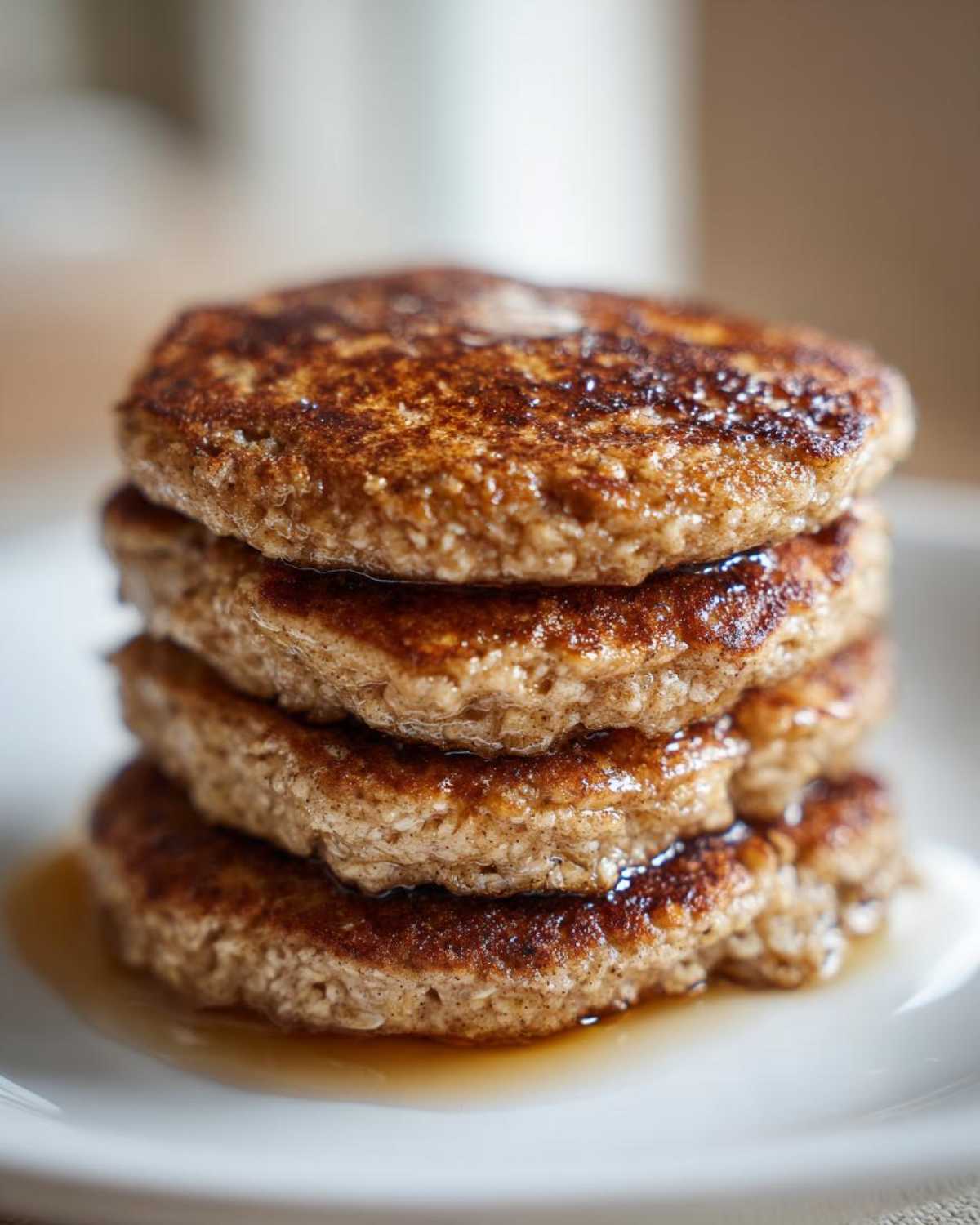 A close-up of a tall stack of four golden-brown Vegan Banana Oat Pancakes drizzled with syrup.