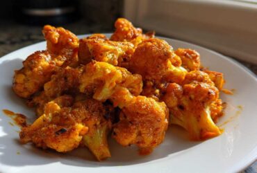 Close-up of roasted cauliflower florets coated in a rich, orange-red sauce for Vegan Cauliflower Tikka Masala.