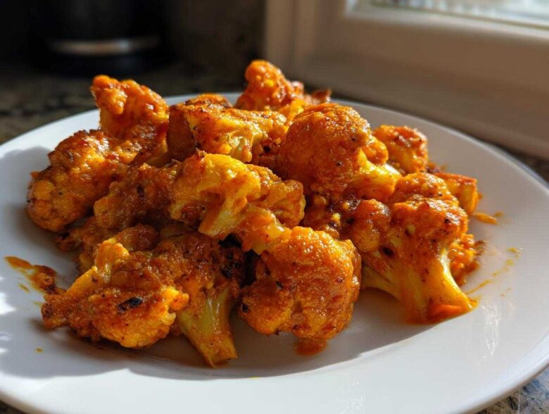 Close-up of roasted cauliflower florets coated in a rich, orange-red sauce for Vegan Cauliflower Tikka Masala.