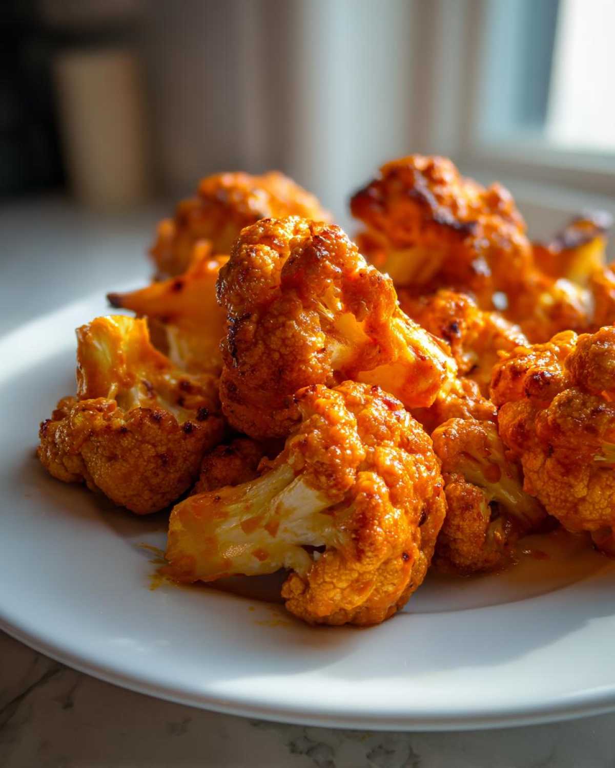 Close-up of bright orange, roasted cauliflower florets ready for Vegan Cauliflower Tikka Masala.