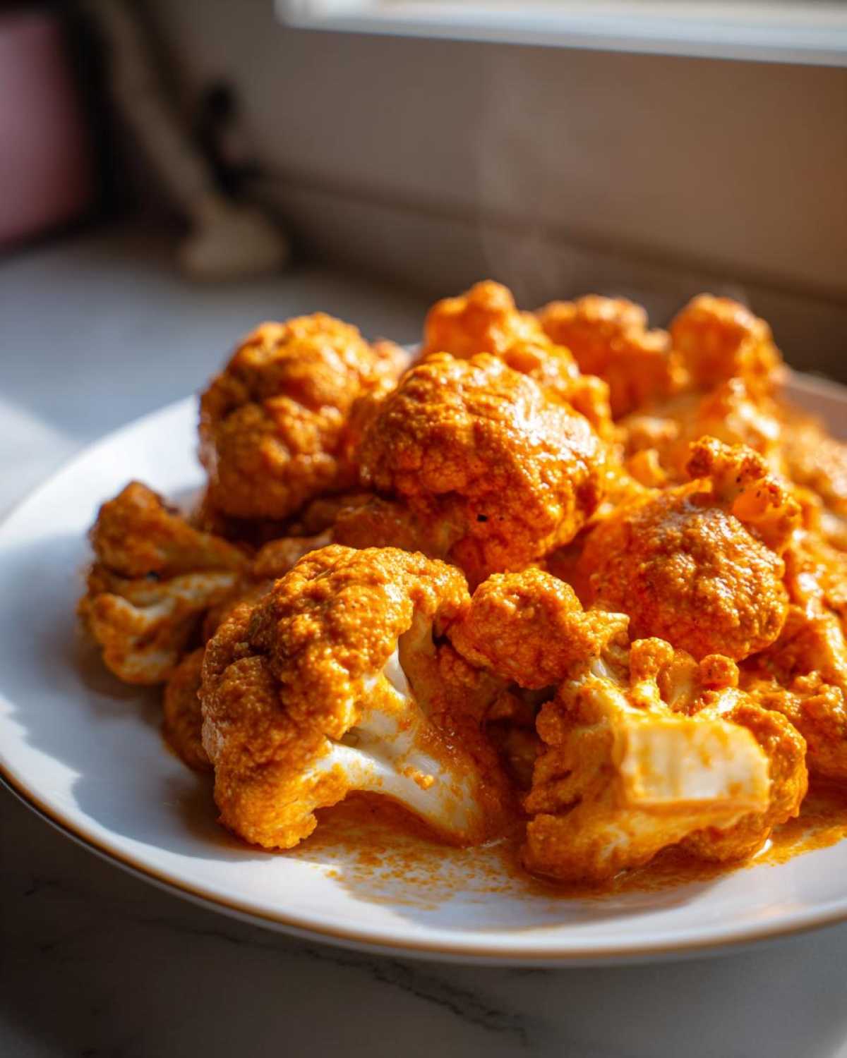Close-up of bright orange, saucy cauliflower florets ready to eat in Vegan Cauliflower Tikka Masala.