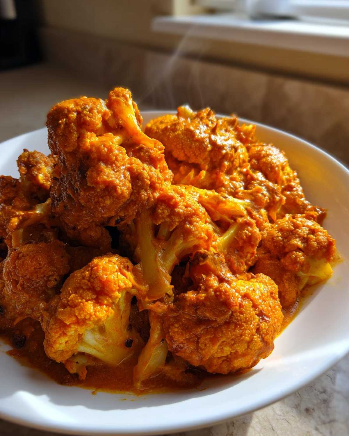 Close-up of hot Vegan Cauliflower Tikka Masala, featuring bright orange florets coated in rich sauce, steaming slightly.