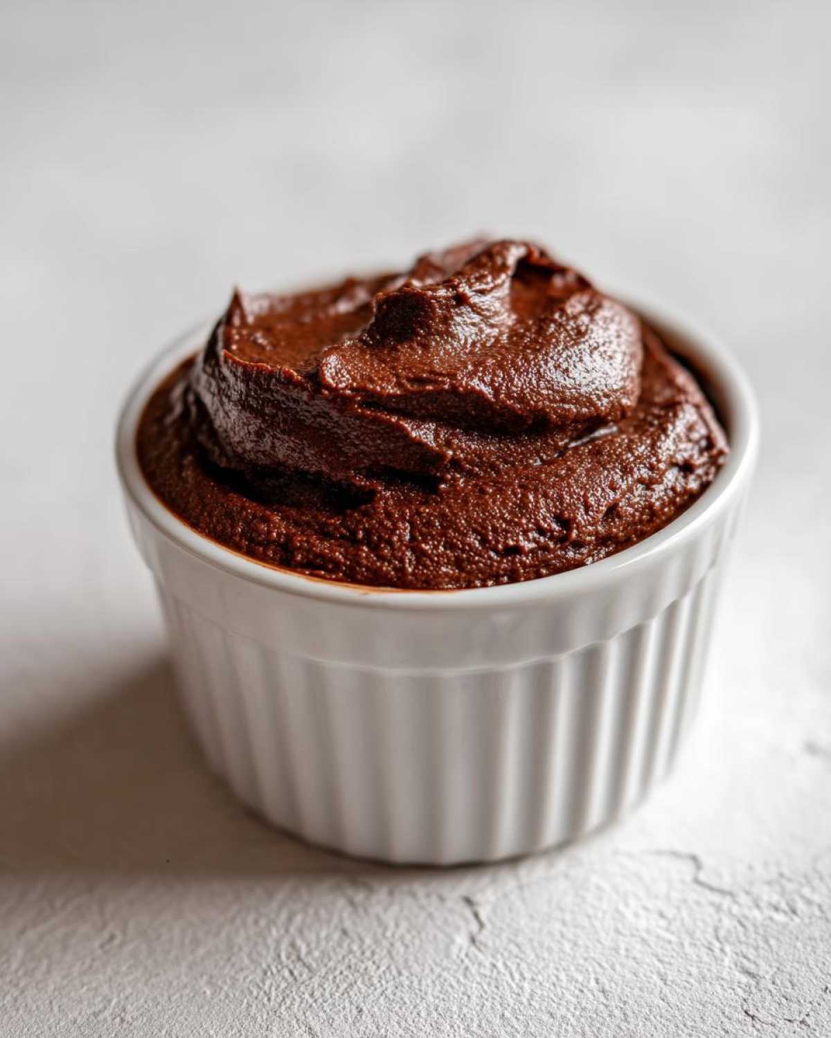 A close-up of rich, dark Vegan Chocolate Avocado Mousse scooped into a white fluted ramekin.