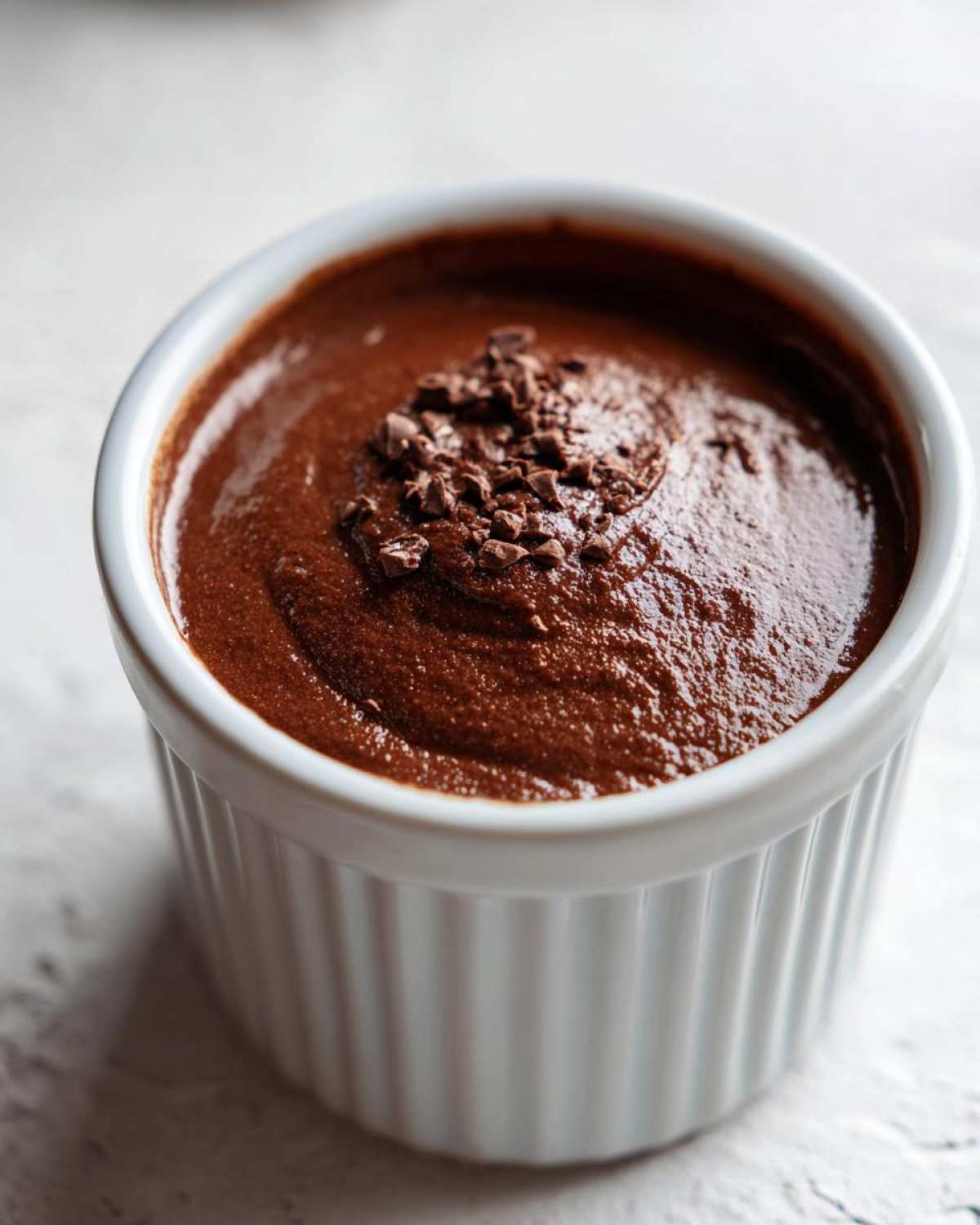 Close-up of rich Vegan Chocolate Avocado Mousse topped with chocolate shavings in a white ramekin.