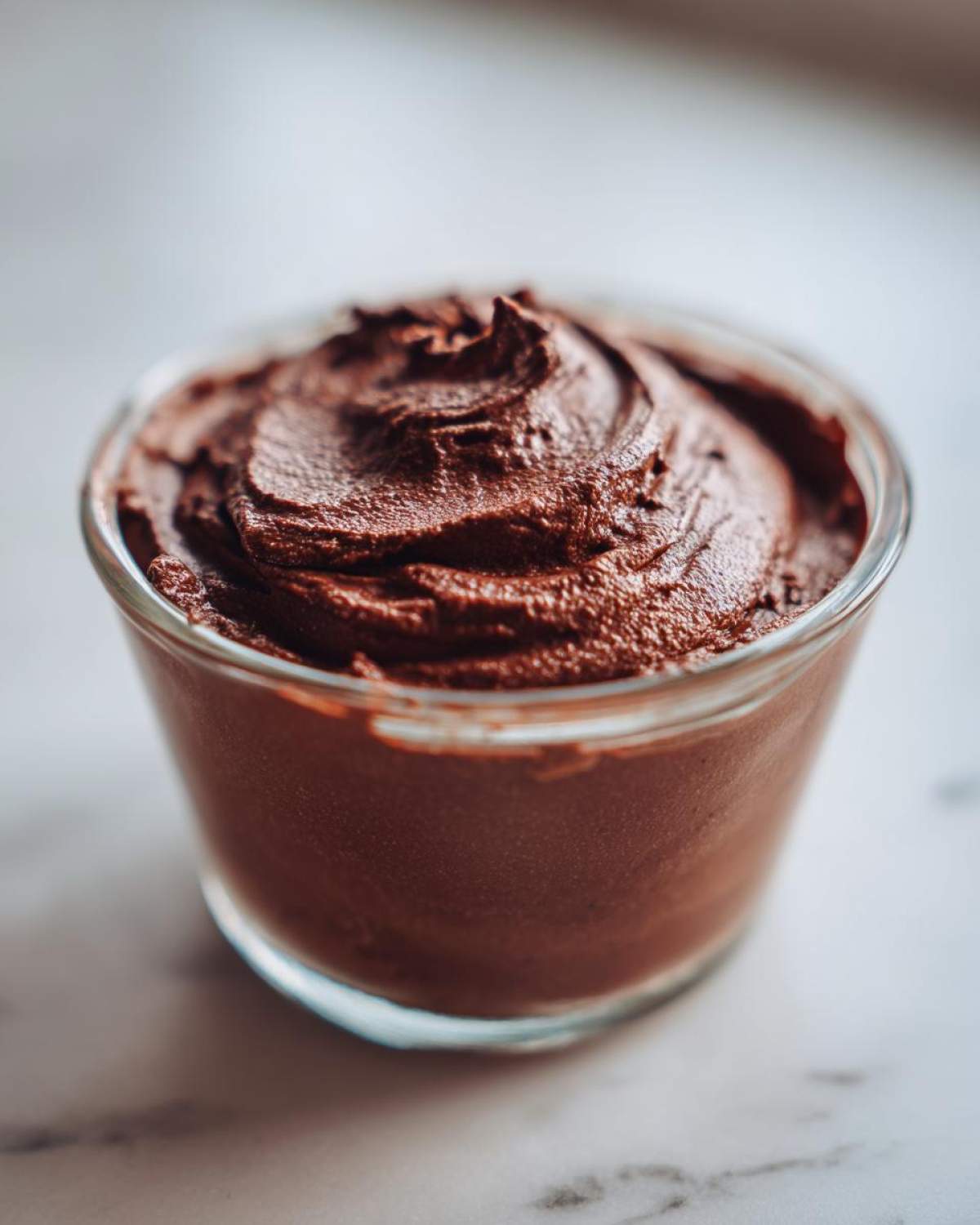 Close-up of rich, dark Vegan Chocolate Avocado Mousse swirled in a small clear glass.