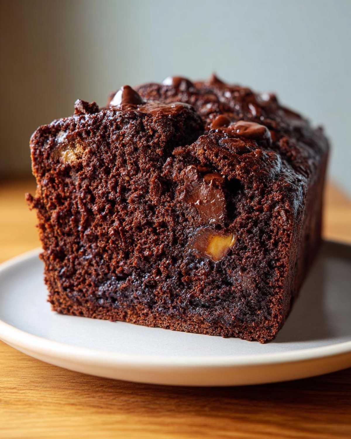 Close-up of a rich, dark loaf of Vegan Chocolate Banana Bread topped with melted chocolate chips.