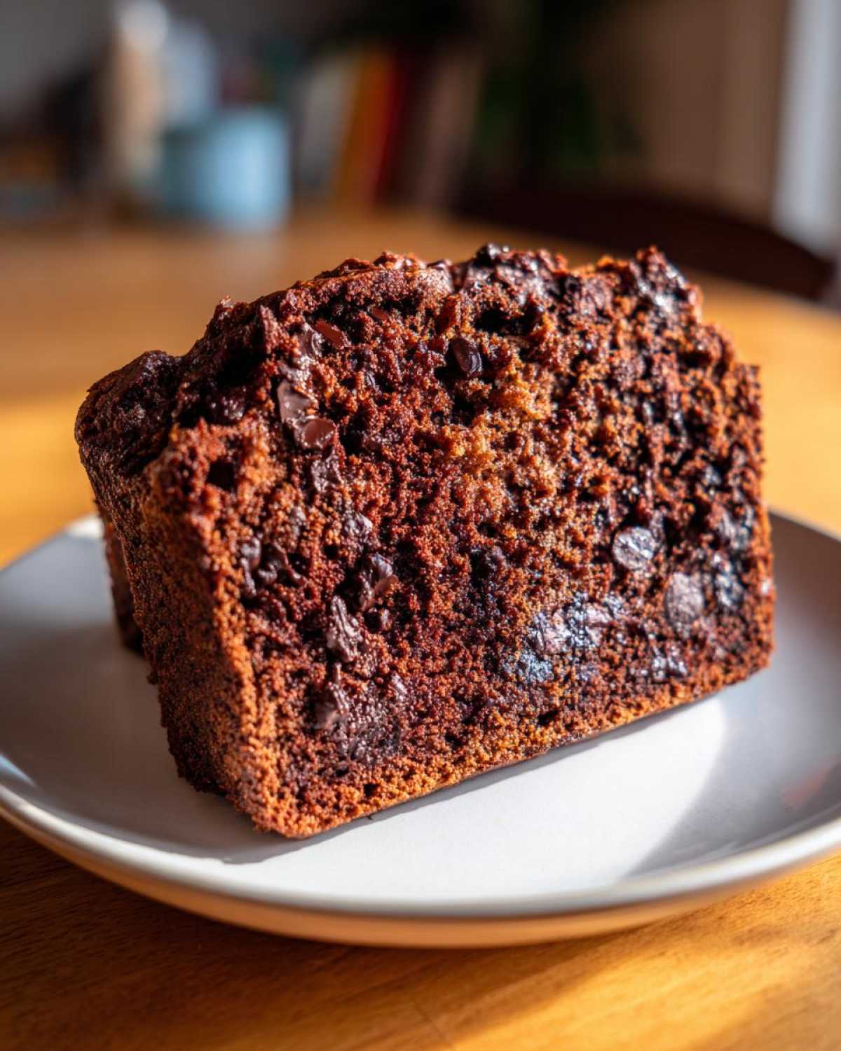 Close-up of a moist slice of Vegan Chocolate Banana Bread packed with melted chocolate chips on a white plate.