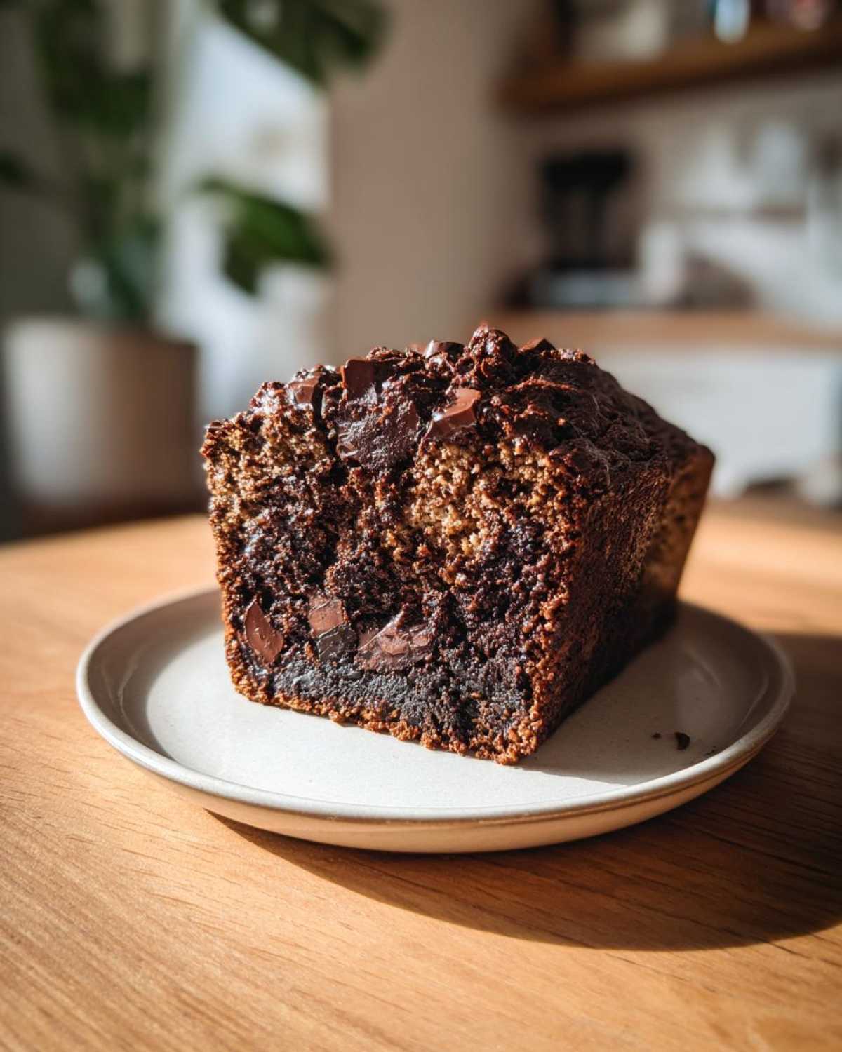 A moist slice of Vegan Chocolate Banana Bread topped with melted chocolate chunks on a light plate.
