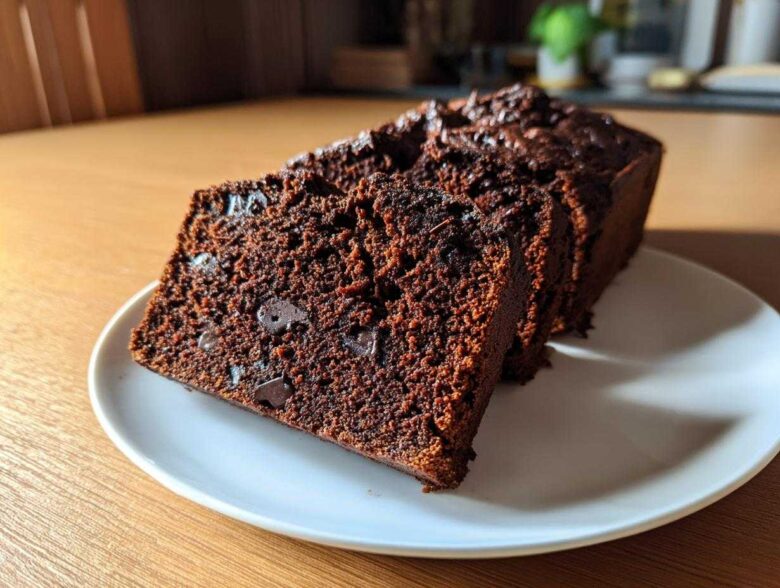 Close-up of thick slices of moist Vegan Chocolate Banana Bread with visible chocolate chips on a white plate.