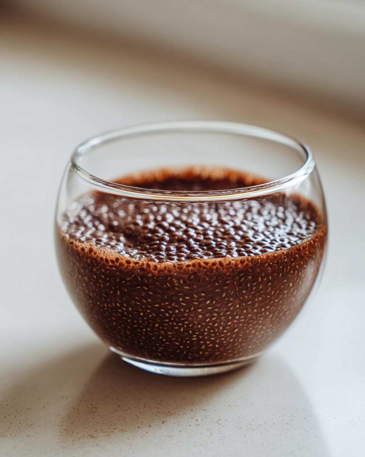 Close-up of rich Vegan Chocolate Chia Pudding texture in a small glass bowl.