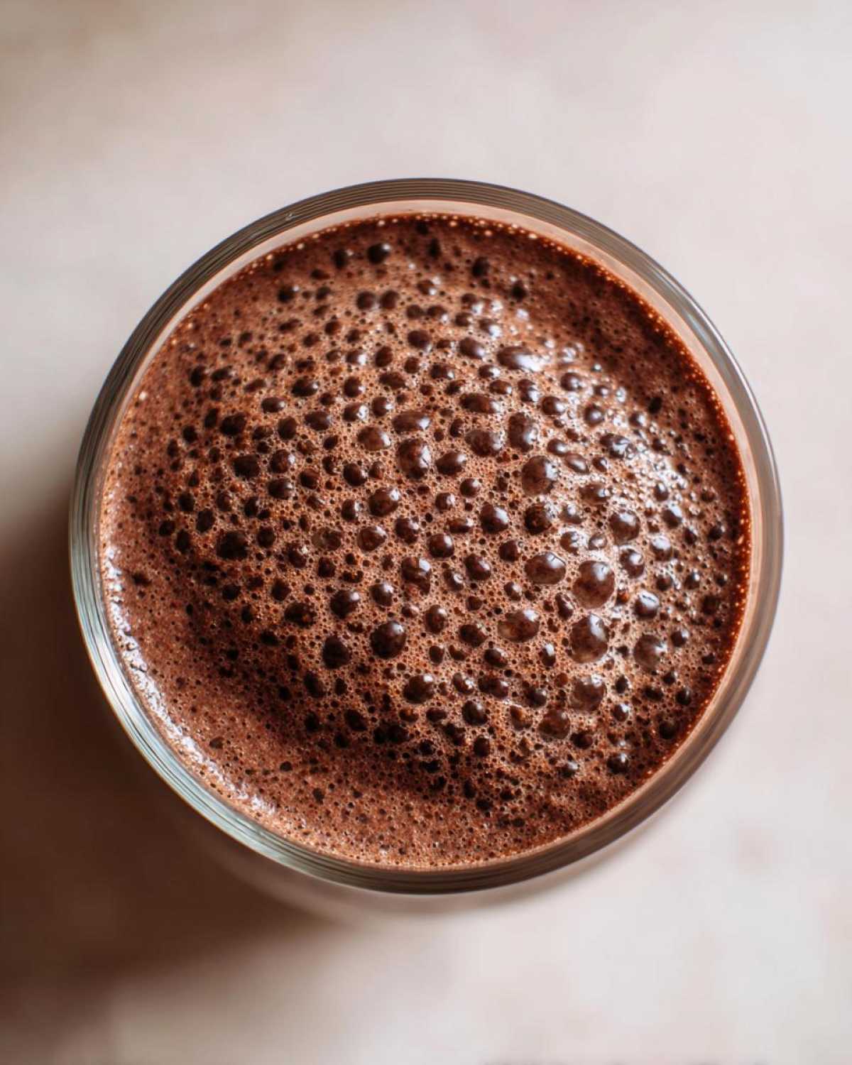 Overhead view of rich, dark Vegan Chocolate Chia Pudding with a thick layer of small bubbles on top, served in a clear glass.