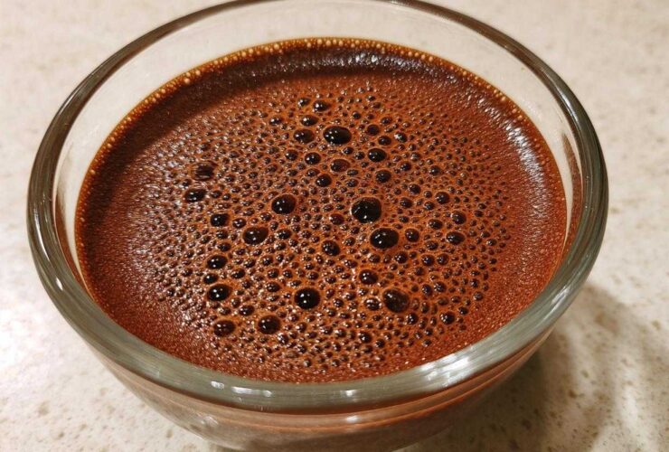 Close-up of rich, dark brown Vegan Chocolate Chia Pudding mixture with small bubbles on top in a clear glass bowl.