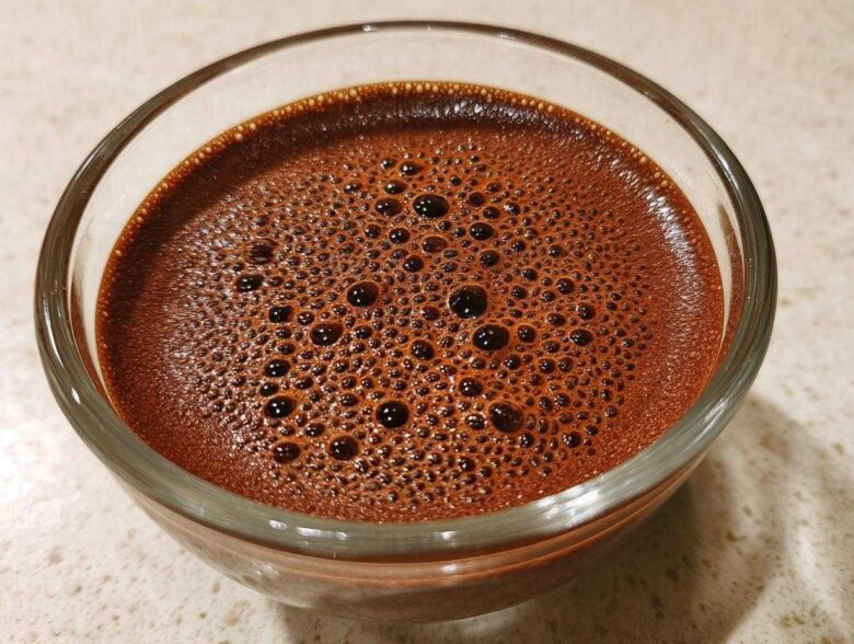 Close-up of rich, dark brown Vegan Chocolate Chia Pudding mixture with small bubbles on top in a clear glass bowl.
