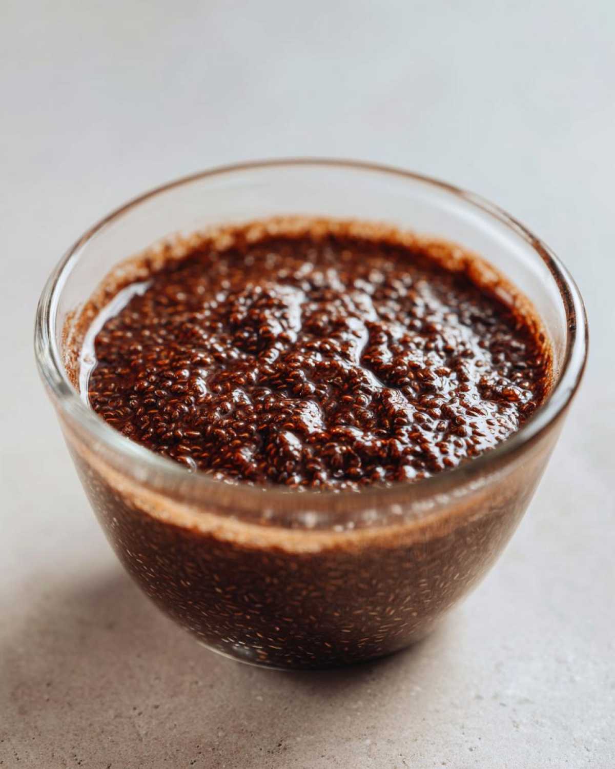 Close-up of rich, dark Vegan Chocolate Chia Pudding texture in a clear glass bowl.