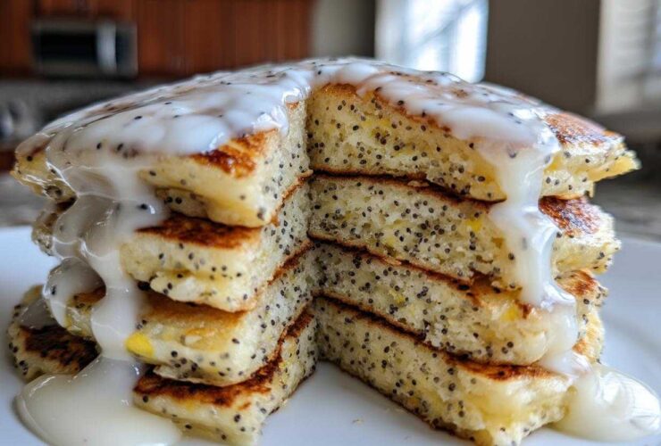 Close-up of a tall stack of fluffy Vegan Lemon Poppy Seed Pancakes cut in half, drizzled heavily with a white lemon glaze.