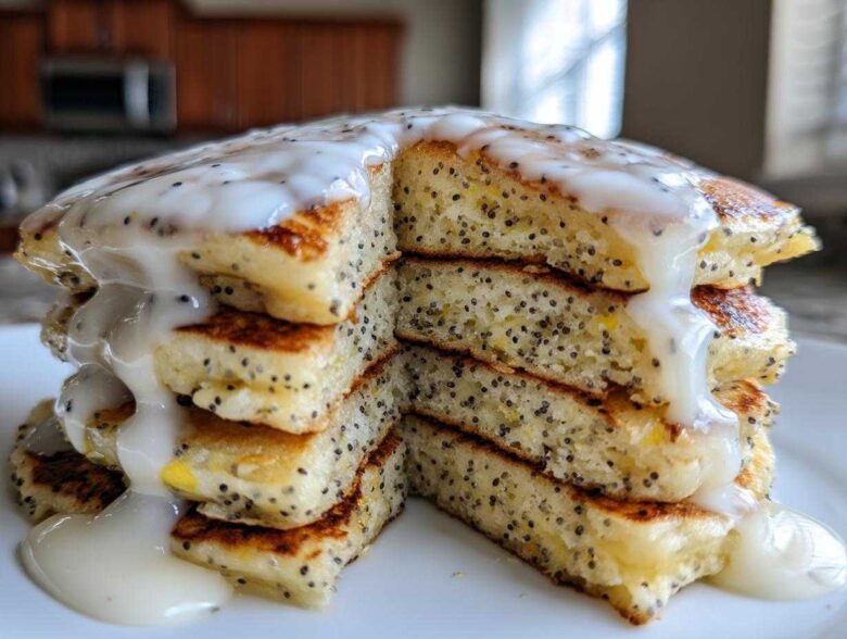 Close-up of a tall stack of fluffy Vegan Lemon Poppy Seed Pancakes cut in half, drizzled heavily with a white lemon glaze.