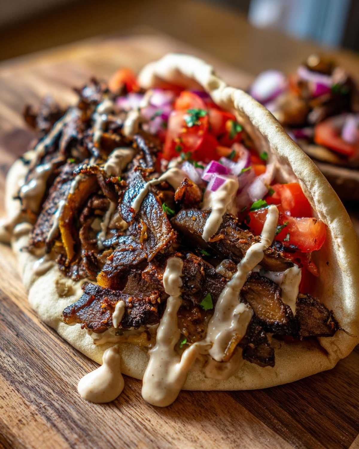 Close-up of a Vegan Mushroom Shawarma served in pita bread, drizzled with tahini sauce.