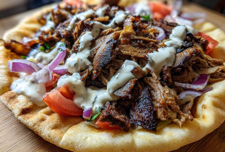Close-up of Vegan Mushroom Shawarma piled high with savory mushrooms, tomatoes, red onion, and drizzled with white sauce on pita bread.