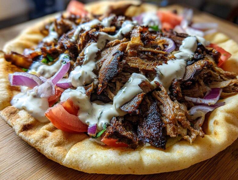 Close-up of Vegan Mushroom Shawarma piled high with savory mushrooms, tomatoes, red onion, and drizzled with white sauce on pita bread.
