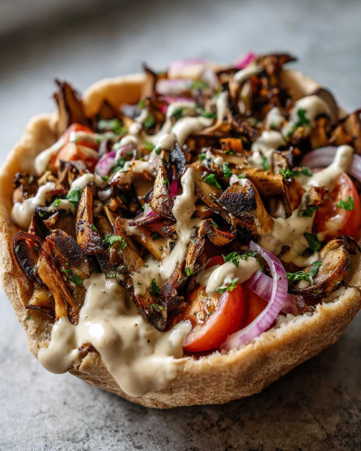 Close-up of a pita pocket filled with seasoned Vegan Mushroom Shawarma, tomatoes, red onion, and drizzled with tahini sauce.