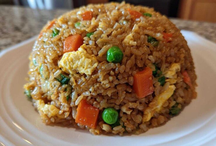 A dome-shaped serving of Vegetable Fried Rice with Sesame Ginger Sauce, featuring visible carrots, peas, and scrambled egg pieces.
